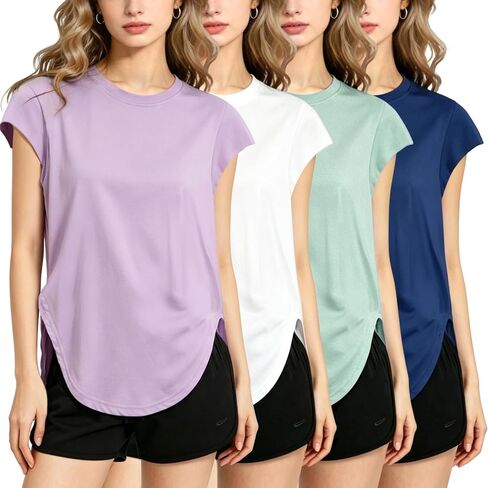 4 Pack Women's Workout Shirts Running Gym and Yoga Tops UPF 50+ Sun Protection Quick-Dry Loose Fit Round Neck in Saudi Arabia