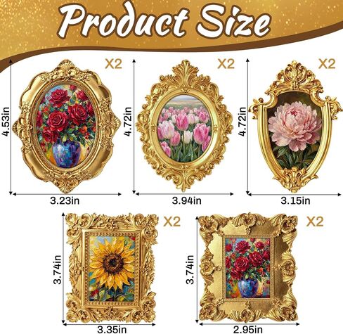 Threehoney 10 Pcs Mini Gold Magnetic Picture Frames for Refrigerator Vintage Picture Frames with Hooks for Hanging Antique Ornate Baroque Victorian Decor for Fridge Gallery Wall Kitchen Office Home in Kuwait