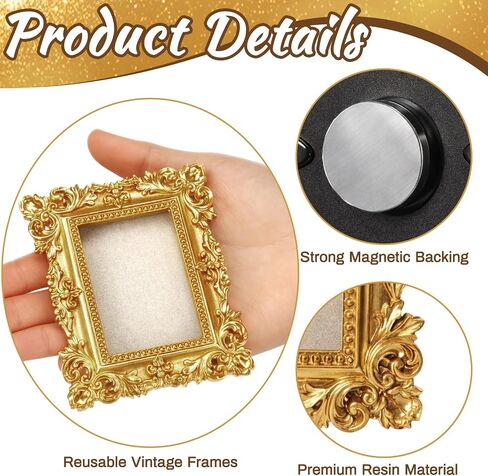 Threehoney 10 Pcs Mini Gold Magnetic Picture Frames for Refrigerator Vintage Picture Frames with Hooks for Hanging Antique Ornate Baroque Victorian Decor for Fridge Gallery Wall Kitchen Office Home in Kuwait