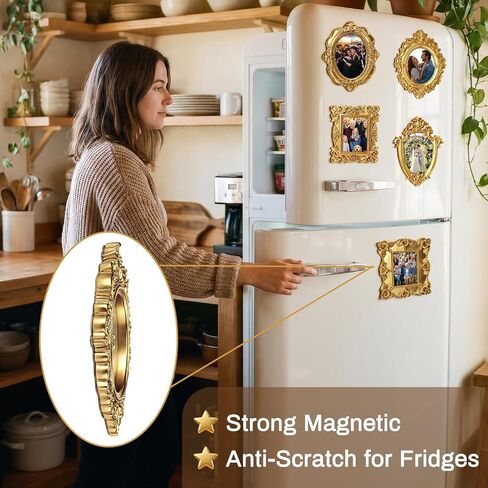 Threehoney 10 Pcs Mini Gold Magnetic Picture Frames for Refrigerator Vintage Picture Frames with Hooks for Hanging Antique Ornate Baroque Victorian Decor for Fridge Gallery Wall Kitchen Office Home in Kuwait