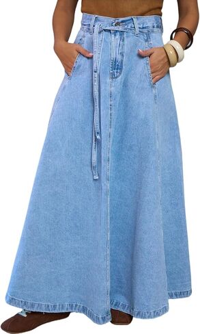 yoeasy Womens Casual Denim Skirt High Waisted Belted Flowy Swing A-Line Long Jean Skirts with Pockets in Kuwait
