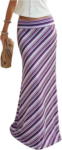 GORGLITTER Women's Striped Boho Ruffle Maxi Skirts Dressy Casual Low Rise Elegant Business Party Floor Length Skirt in Kuwait
