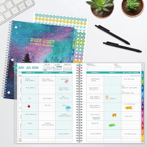 student planner 2025-2026, Weekly ＆ Monthly Academic Year Planner Calendar, Jul 2025 - Jun 2026, 8.5" x 10.5", School Planner 2025-2026 with Stickers, Flexible Cover, Pocket, Tabs, Watercolor Starry Sky in Saudi Arabia