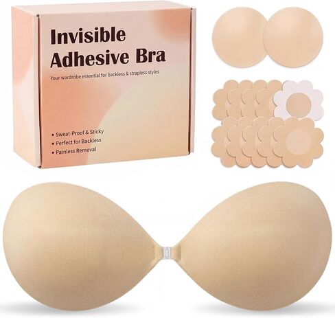 Reusable Strapless Sticky Bra for Cleavage Lift, No Show Invisible Backless Adhesive Push Up Bra with Nipple Covers for Women in Saudi Arabia