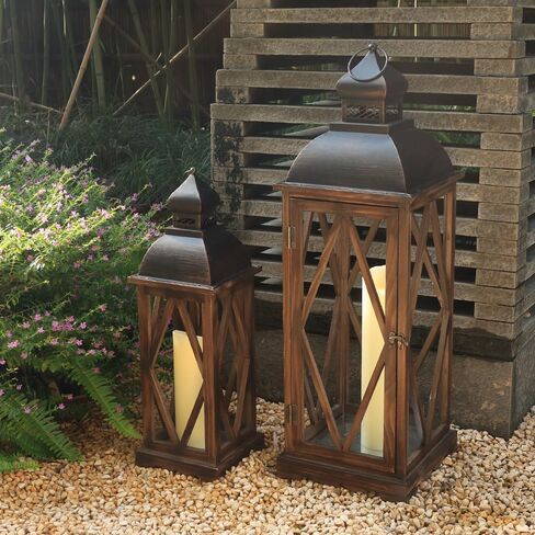 Large Farmhouse Wooden Metal Lantern Set of 2, 30''/22'' H Rustic Decorative Indoor & Outdoor Hanging Candle Lanterns, Wooden Outdoor Lanterns for Patio Front Porch Table, Brown in Saudi Arabia