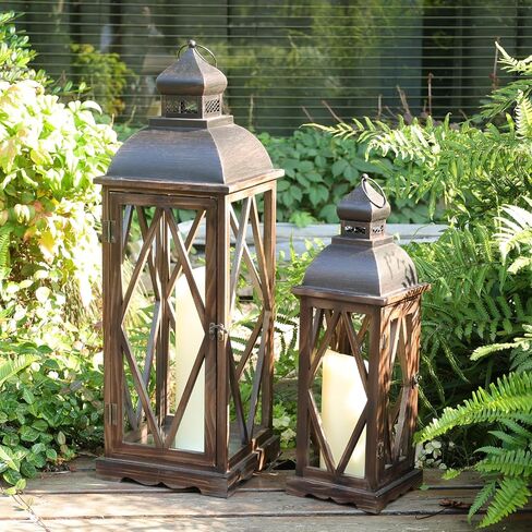 Large Farmhouse Wooden Metal Lantern Set of 2, 30''/22'' H Rustic Decorative Indoor & Outdoor Hanging Candle Lanterns, Wooden Outdoor Lanterns for Patio Front Porch Table, Brown in Saudi Arabia