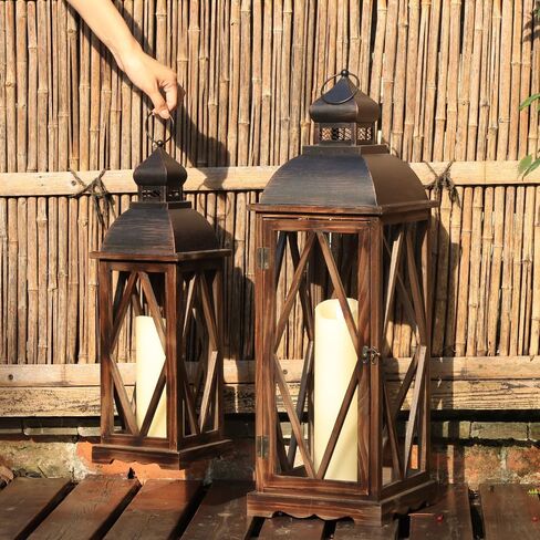 Large Farmhouse Wooden Metal Lantern Set of 2, 30''/22'' H Rustic Decorative Indoor & Outdoor Hanging Candle Lanterns, Wooden Outdoor Lanterns for Patio Front Porch Table, Brown in Saudi Arabia