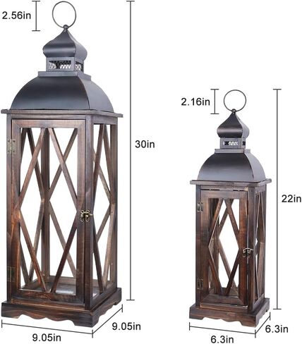 Large Farmhouse Wooden Metal Lantern Set of 2, 30''/22'' H Rustic Decorative Indoor & Outdoor Hanging Candle Lanterns, Wooden Outdoor Lanterns for Patio Front Porch Table, Brown in Saudi Arabia