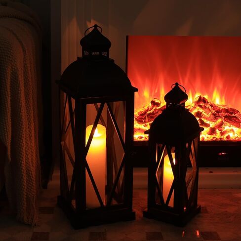Large Farmhouse Wooden Metal Lantern Set of 2, 30''/22'' H Rustic Decorative Indoor & Outdoor Hanging Candle Lanterns, Wooden Outdoor Lanterns for Patio Front Porch Table, Brown in Saudi Arabia