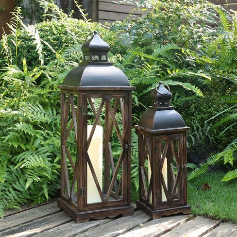 Large Farmhouse Wooden Metal Lantern Set of 2, 30''/22'' H Rustic Decorative Indoor & Outdoor Hanging Candle Lanterns, Wooden Outdoor Lanterns for Patio Front Porch Table, Brown in Saudi Arabia