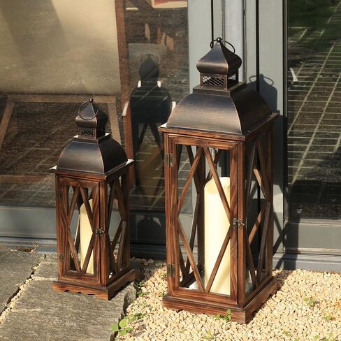 Large Farmhouse Wooden Metal Lantern Set of 2, 30''/22'' H Rustic Decorative Indoor & Outdoor Hanging Candle Lanterns, Wooden Outdoor Lanterns for Patio Front Porch Table, Brown in Saudi Arabia