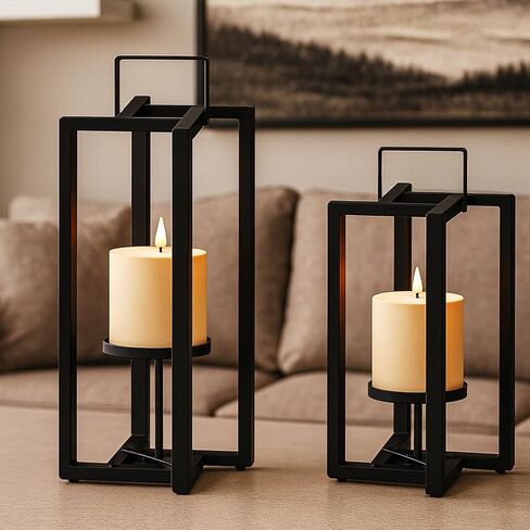 Smtyle Modern Black Metal Candle Lanterns Decorative Lantern Candle Holder Set of 2 for Indoor & Outdoor Use, Home Decor, Events, Parties, Weddings in Saudi Arabia