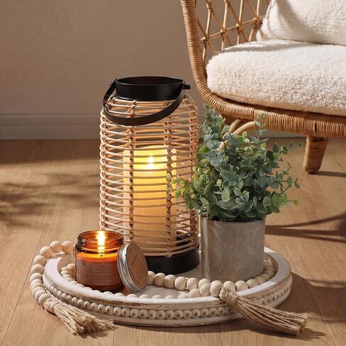 Novabright 6 Pcs Rustic Bobo Farmhouse Lantern Decor Set Candle Lanterns Decorative Indoor with Wooden Tray Bead Aromatherapy Candle Faux Plant Rustic Decor for Living Room Mantel Housewarming Gift in Kuwait