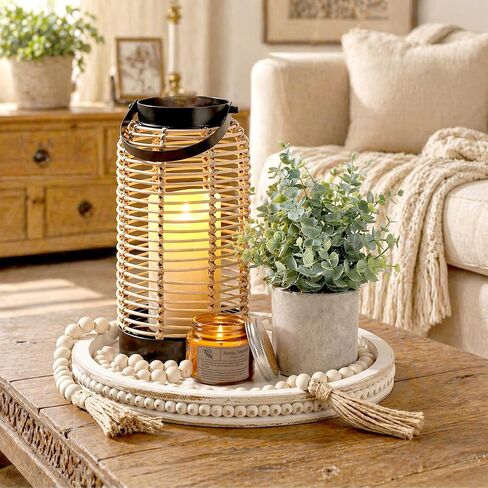 Novabright 6 Pcs Rustic Bobo Farmhouse Lantern Decor Set Candle Lanterns Decorative Indoor with Wooden Tray Bead Aromatherapy Candle Faux Plant Rustic Decor for Living Room Mantel Housewarming Gift in Kuwait