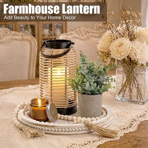 Novabright 6 Pcs Rustic Bobo Farmhouse Lantern Decor Set Candle Lanterns Decorative Indoor with Wooden Tray Bead Aromatherapy Candle Faux Plant Rustic Decor for Living Room Mantel Housewarming Gift in Kuwait