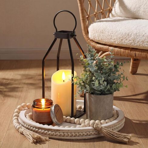 Novabright 6 Pcs Rustic Bobo Farmhouse Lantern Decor Set Candle Lanterns Decorative Indoor with Wooden Tray Bead Aromatherapy Candle Faux Plant Rustic Decor for Living Room Mantel Housewarming Gift in Kuwait