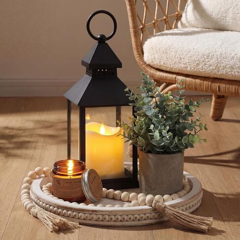 Novabright 6 Pcs Rustic Bobo Farmhouse Lantern Decor Set Candle Lanterns Decorative Indoor with Wooden Tray Bead Aromatherapy Candle Faux Plant Rustic Decor for Living Room Mantel Housewarming Gift in Kuwait
