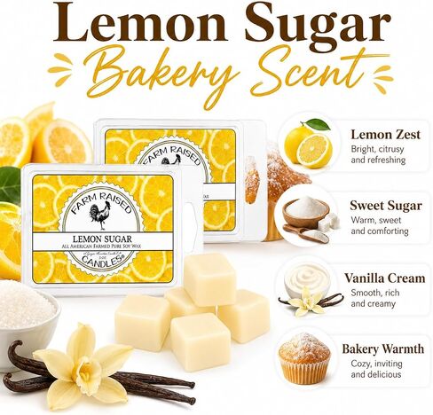 Lemon Sugar - USA Made Soy Wax Melts, 2 Pack, 6 oz | 2 clamshells, 6 oz total, 12 cubes • lemon sugar bakery scent • USA-grown soy wax in Saudi Arabia