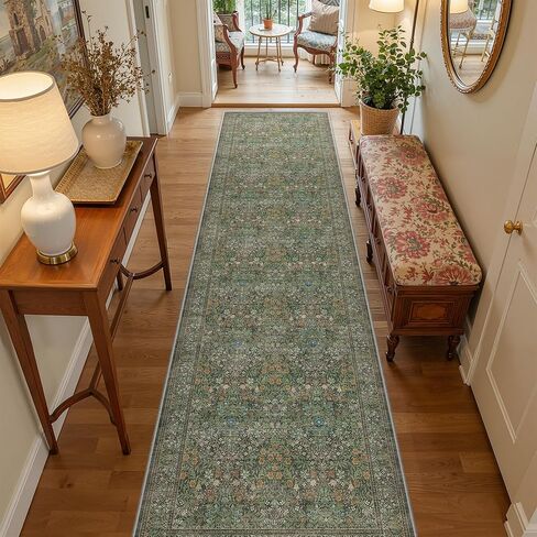 2x6 Runner Rug, Green Floral Rug for Entryway, Moynesa Washable Kitchen Rugs with Rubber Backing, Thin Soft Botanical Runners for Hallways, Bedroom, Laundry, Bathroom(2'x6', Dark Green) in Kuwait
