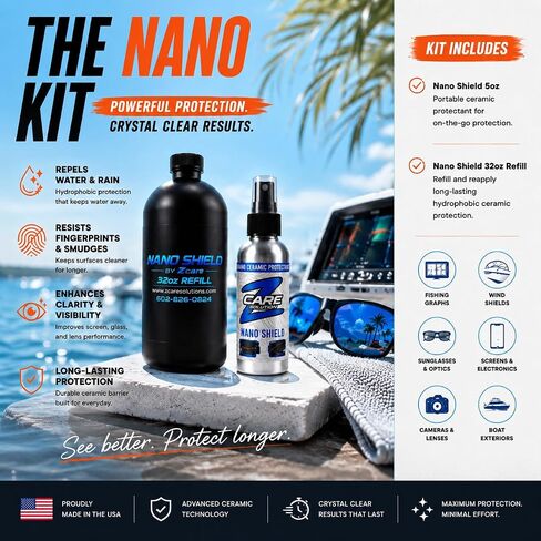 Screen & Glass Cleaner Spray with Ceramic Coating - Hydrophobic Protection for Sunglasses, Boat Screens, Electronics - Streak Free Water Repellent - Nano Shield by Z Care Refill and Travel Size in Kuwait