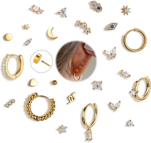 KRFY 25Pcs/17 Pairs Hypoallergenic Surgical Steel Earrings for Sensitive Ears 14K Gold Plated Flat Back Cartilage Earrings for Women Men Screw Back Flatback Stud Hoop Earring Set for Multiple Piercing in Saudi Arabia