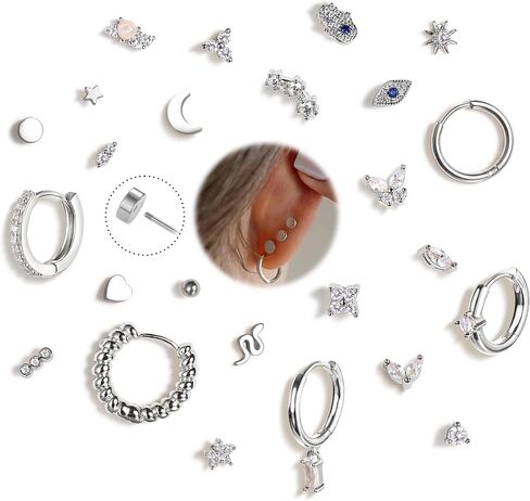 KRFY 25Pcs/17 Pairs Hypoallergenic Surgical Steel Earrings for Sensitive Ears 14K Gold Plated Flat Back Cartilage Earrings for Women Men Screw Back Flatback Stud Hoop Earring Set for Multiple Piercing in Saudi Arabia
