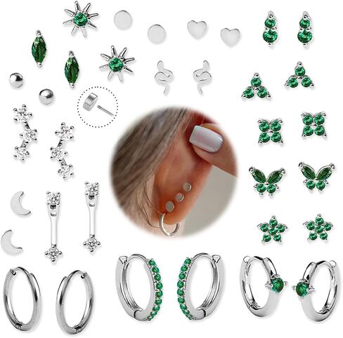 KRFY 25Pcs/17 Pairs Hypoallergenic Surgical Steel Earrings for Sensitive Ears 14K Gold Plated Flat Back Cartilage Earrings for Women Men Screw Back Flatback Stud Hoop Earring Set for Multiple Piercing in Saudi Arabia