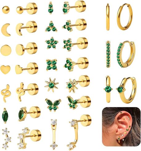 KRFY 25Pcs/17 Pairs Hypoallergenic Surgical Steel Earrings for Sensitive Ears 14K Gold Plated Flat Back Cartilage Earrings for Women Men Screw Back Flatback Stud Hoop Earring Set for Multiple Piercing in Saudi Arabia