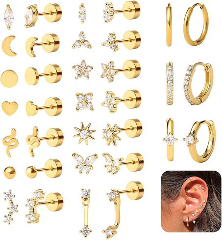 KRFY 25Pcs/17 Pairs Hypoallergenic Surgical Steel Earrings for Sensitive Ears 14K Gold Plated Flat Back Cartilage Earrings for Women Men Screw Back Flatback Stud Hoop Earring Set for Multiple Piercing in Saudi Arabia