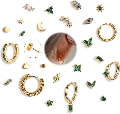 KRFY 25Pcs/17 Pairs Hypoallergenic Surgical Steel Earrings for Sensitive Ears 14K Gold Plated Flat Back Cartilage Earrings for Women Men Screw Back Flatback Stud Hoop Earring Set for Multiple Piercing in Saudi Arabia