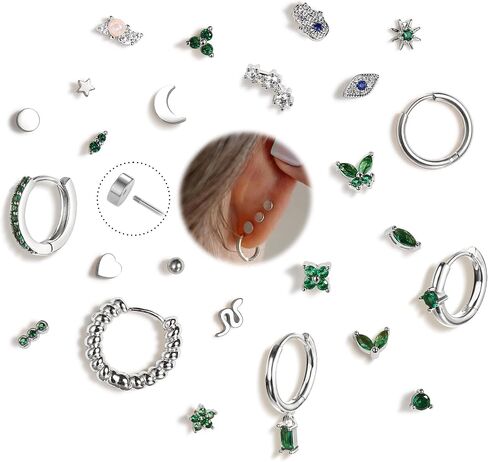 KRFY 25Pcs/17 Pairs Hypoallergenic Surgical Steel Earrings for Sensitive Ears 14K Gold Plated Flat Back Cartilage Earrings for Women Men Screw Back Flatback Stud Hoop Earring Set for Multiple Piercing in Saudi Arabia