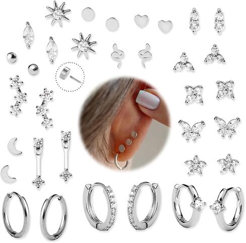 KRFY 25Pcs/17 Pairs Hypoallergenic Surgical Steel Earrings for Sensitive Ears 14K Gold Plated Flat Back Cartilage Earrings for Women Men Screw Back Flatback Stud Hoop Earring Set for Multiple Piercing in Saudi Arabia