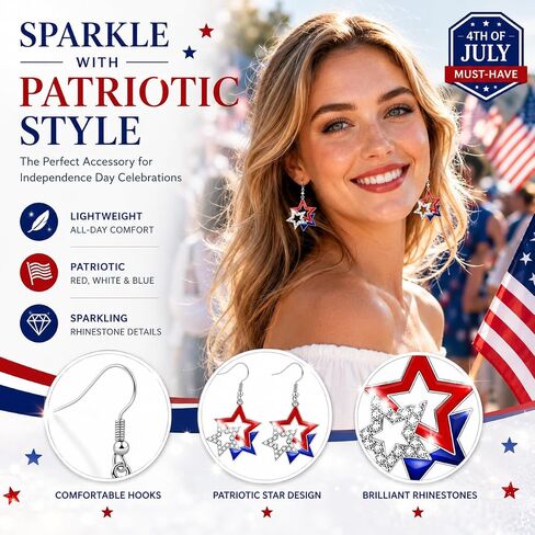 4th of July Accessories, Red White Blue Patriotic Star Dangle American Flag Earrings, Matching 4th of July Outfits for Women, 250th Anniversary USA Independence Day Gifts in Saudi Arabia