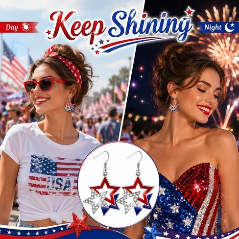 4th of July Accessories, Red White Blue Patriotic Star Dangle American Flag Earrings, Matching 4th of July Outfits for Women, 250th Anniversary USA Independence Day Gifts in Saudi Arabia