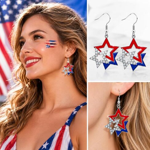 4th of July Accessories, Red White Blue Patriotic Star Dangle American Flag Earrings, Matching 4th of July Outfits for Women, 250th Anniversary USA Independence Day Gifts in Saudi Arabia