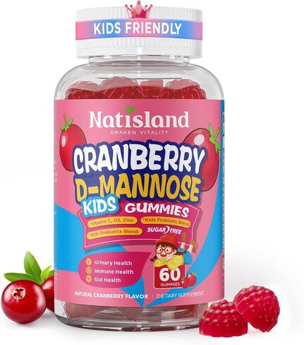 Cranberry & D-Mannose Gummies for Kids 4+, D Mannose with Cranberry Supplement for Urinary Tract Health & Immune Health, with Vitamin C, D3, Zinc, Probiotic & Prebiotic Blend, Sugar-Free, Vegan, 60 Ct in Saudi Arabia