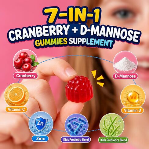 Cranberry & D-Mannose Gummies for Kids 4+, D Mannose with Cranberry Supplement for Urinary Tract Health & Immune Health, with Vitamin C, D3, Zinc, Probiotic & Prebiotic Blend, Sugar-Free, Vegan, 60 Ct in Saudi Arabia