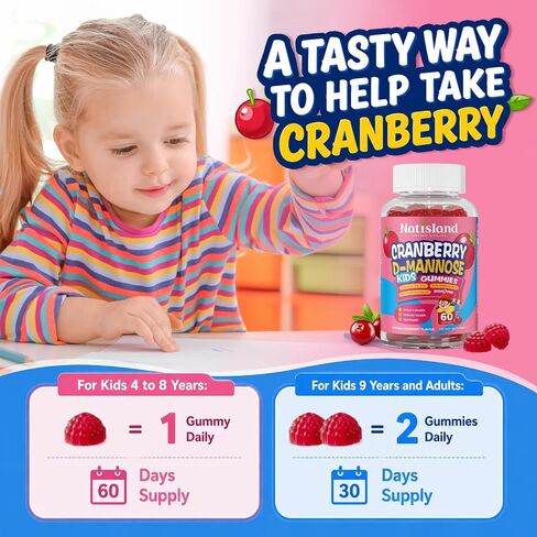 Cranberry & D-Mannose Gummies for Kids 4+, D Mannose with Cranberry Supplement for Urinary Tract Health & Immune Health, with Vitamin C, D3, Zinc, Probiotic & Prebiotic Blend, Sugar-Free, Vegan, 60 Ct in Saudi Arabia