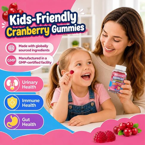 Cranberry & D-Mannose Gummies for Kids 4+, D Mannose with Cranberry Supplement for Urinary Tract Health & Immune Health, with Vitamin C, D3, Zinc, Probiotic & Prebiotic Blend, Sugar-Free, Vegan, 60 Ct in Saudi Arabia