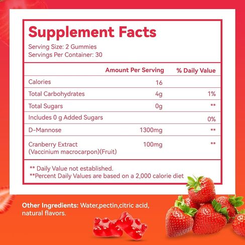 D-Mannose Gummies 1300mg per Serving with Cranberry, Sugar-Free, Vegan, Non-GMO, Gluten-Free, Supports Bladder & Urinary Tract Health, Immune Support, 60 Count in Saudi Arabia