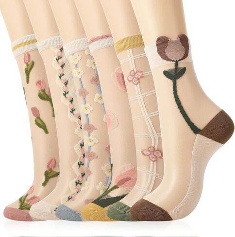 Womens Sheer Socks, 5/6 Pairs Floral Mesh Lace Socks with Designs Summer Transparent Thin Jacquard Ruffle Sock in Kuwait