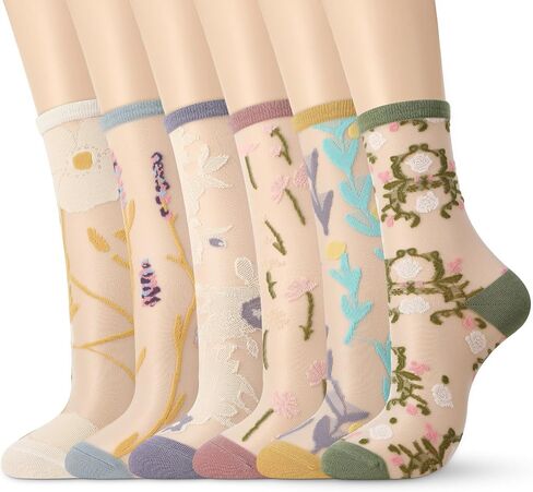 Womens Sheer Socks, 5/6 Pairs Floral Mesh Lace Socks with Designs Summer Transparent Thin Jacquard Ruffle Sock in Kuwait