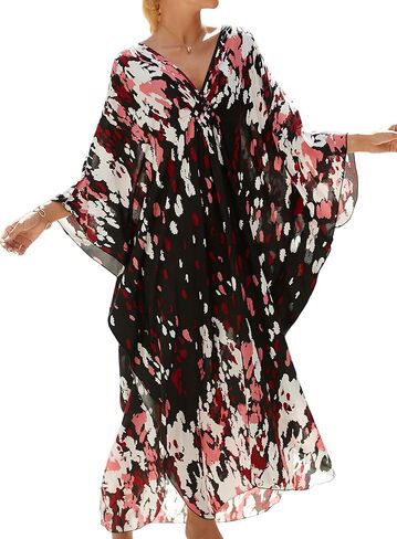 Women's Kaftan Dress Plus Size Moo Moos Print Batwing Sleeves Beach Cover Up for Swimsuit, Lightweight Caftan Dress in Saudi Arabia
