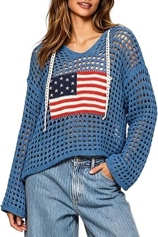 Women's American Flag Crochet Sweater Long Sleeve Hollow Out Lightweight Knit Hoodie 2026 Summer Beach Cover Up Tops in Saudi Arabia