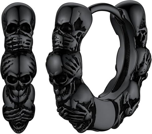 FaithHeart Skull Hoop Earrings for Men Silver/Black/Gold Stainless Steel Gothic Huggie Hoops Earring Lightweight Hypoallergenic Punk Cool Rapper Hip-hop Ear Jewelry Gifts in Kuwait