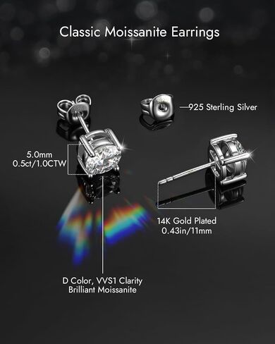 Moissanite Stud Earrings for Men, Solid 925 Sterling Silver Hypoallergenic White/Black/Gold Plated Non Tarnish, D Color VVS Clarity Lab Created Diamond Studs, Fathers Day Birthday Gifts Men's Jewelry in Kuwait