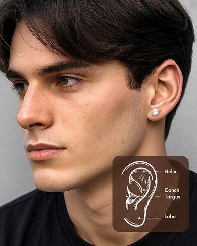Moissanite Stud Earrings for Men, Solid 925 Sterling Silver Hypoallergenic White/Black/Gold Plated Non Tarnish, D Color VVS Clarity Lab Created Diamond Studs, Fathers Day Birthday Gifts Men's Jewelry in Kuwait
