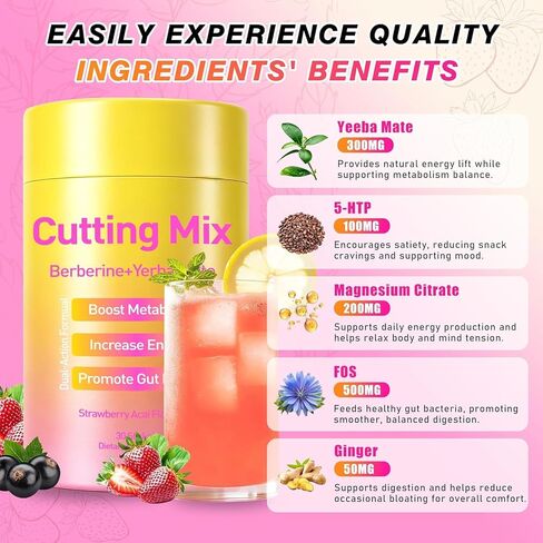 New Cutting Drink Mix – Berberine, Chromium, Satiety & Metabolism Suppor | Gut Health & Energy | Sugar-Free, Vegan, Non-GMO | Strawberry Açaí Flavor – 30 Sticks in Saudi Arabia