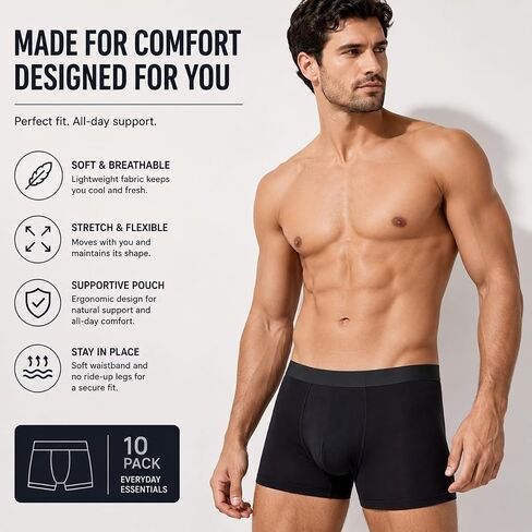 10pcs mens Underwear Boxer Briefs Pack, Cool & Breathable Moisture-wicking Underwear for Men, No Ride Up（Black） in Kuwait