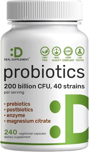 DEAL SUPPLEMENT Probiotics for Women & Men, 200 Billion CFU Per Serving, 240 Vegetarian Capsules, 4 Month Supply | 40 Strains with Prebiotics, Enzymes & Magnesium Citrate | Non-GMO, Gluten Free in Kuwait